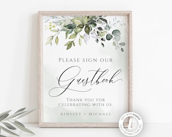 Wedding Guestbook Sign Template, Editable Sign, Greenery, Instant Download, Printable Sign, Wedding Decor, Watercolor, Rustic Sign, BD44
