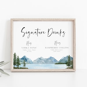 Plantilla editable de letrero de bebidas de montaña, señalización para boda en un lago, boda rústica, descarga instantánea, imprimible, boda en el bosque, BD124