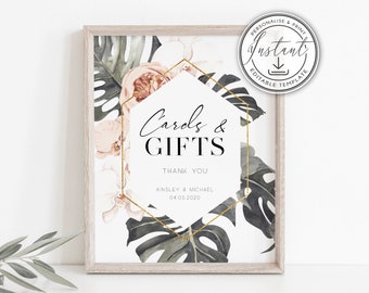 Tropical Blush Cards & Gifts Wedding Sign Template, Instant Download, Tropical Wedding Signage, Tropical Greenery, Printable Sign - BD79