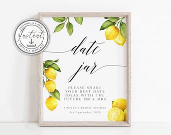 Lemon Date Jar Editable Sign template, Watercolor Lemon Citrus Bridal Shower Sign, bridal Shower Game, Instant Download, Printable - BD81