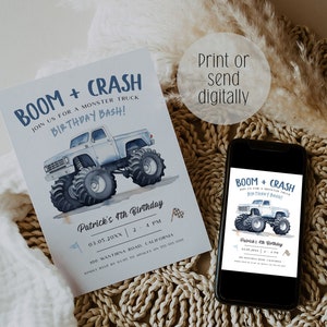 Editable Monster Truck Birthday Invitation, Monster Truck Invite, Blue Monster Truck Party Invite, Boys Birthday Party Invite, Evite, BD199