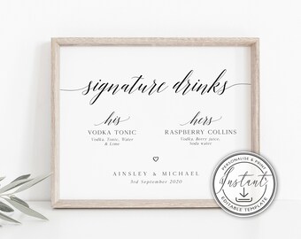 Rustic Signature Drinks Wedding Sign Template, Editable Drinks Sign, Wedding Signage, Printable Sign, Instant Download, Boho Decor, BD72