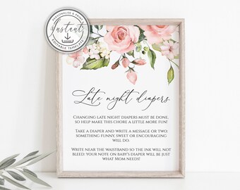 Blush Late Night Diapers Sign Template, Bohemian Baby Shower, Printable Sign, Templett, Rustic Floral, Greenery, Late Night Nappies, BD54