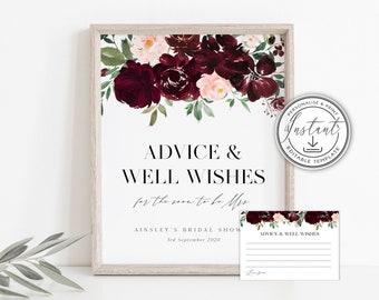 Burgundy Advice & Well Wishes Sign, Bridal Shower Sign, Advice Fill in Card, Instant Download, Printable Sign, Rustic Bridal Shower - BD86