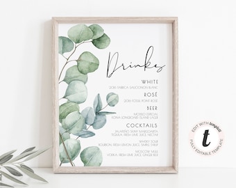 Eucalyptus Wedding Drinks Sign Template, Greenery Decor (Digital Download)