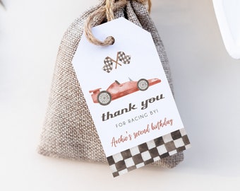 Race Car Birthday Favor Tag, Red Race Car Thank You Gift Tag, Printable Birthday Favors, Editable Gift Tags, Vintage Race Car, BD159