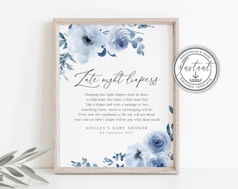 Dusty Blue Late Night Diapers Editable Sign Template, Blue Floral Baby Shower, Rustic, Printable, Instant Download, Late Night Nappies- BD93