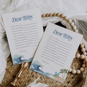 Surfstrandwensen voor baby Babyshower spelsjabloon, bewerkbare gamekaart, Dear Baby Card, Instant Download, afdrukbare kaart, zomer, BD160