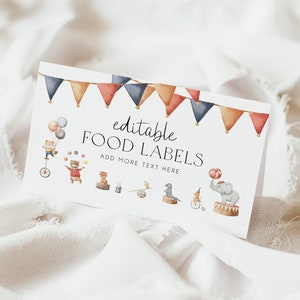 Circus Food Label Cards Template, Carnival Themed Birthday Party Food Labels, Circus Printable Name Cards, Editable Template, Party, BD176