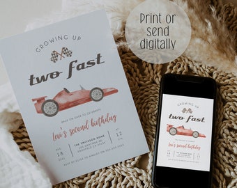 Growing Up Two Fast Birthday Invitation Editable, Red Race Car Second Birthday Party Invitation, Little Racer Printable Invite, Evite, BD159