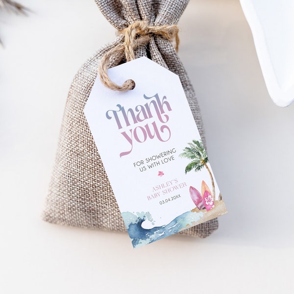Ocean & Surf Thank You Gift Tag Template, Beach Baby Shower Favors, Printable Favors, Surf Themed Baby Shower Gift Tag, Beach Party, BD160