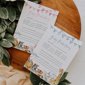 Carte de jeu de prédictions de bébé Safari, modèle modifiable de prédictions de baby shower animaux, téléchargement immédiat, animaux de la jungle, sexe neutre BD125