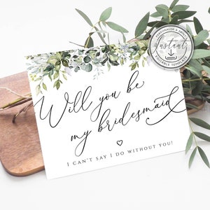 Greenery Will You Be My Bruidsmeisjeskaart, direct download, rustieke eucalyptuskaart afdrukbare kaart Bruidsmeisje voorstelkaart Matron of Honor BD44