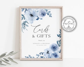Dusty Blue Cards & Gifts Sign Template, Blue Floral Wedding Editable Sign, Modern Rustic Wedding, Printable Sign, Instant Download- BD93