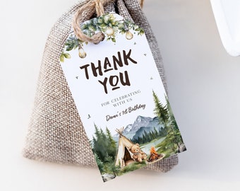 Modello per etichetta regalo di ringraziamento "One Happy Camper", bomboniere per compleanni in campeggio, bomboniere stampabili, compleanni a tema campeggio, bomboniere per compleanni in montagna, BD196