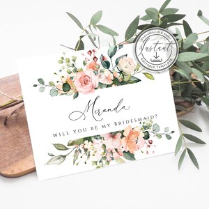 Cartão Blush para Imprimir "Quer Ser Minha Dama de Honra?", Download Instantâneo, Blush Floral Rústico, Cartão de Pedido de Madrinha, Seja Minha Dama de Honra, BD54