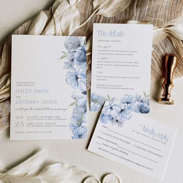 Dusty Blue Wedding Invitation Suite, Bohemian Wedding Invite Set, Watercolor Blue Floral Wedding Invite Cards, Printable Invitation, BD153