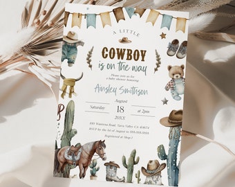 May include: A baby shower invitation with a cowboy theme. The invitation features a watercolor illustration of a cowboy hat, boots, cacti, and a teddy bear wearing a cowboy outfit. The text on the invitation reads "A Little Cowboy is on the Way" and includes the date, time, and location of the shower.