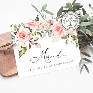 Afdrukbare Blush Will You Be My Bridesmaid Card, Instant Download, Rustic Blush Floral, Kaart bruidsmeisje, Bruidsmeisje voorstelkaart, Be My Bridesmaid, BD54