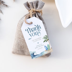Plantilla de etiqueta de regalo de agradecimiento "Ocean & Surf", recuerdos para baby shower playeros, recuerdos imprimibles, etiqueta de regalo con temática de surf para baby shower, fiesta en la playa, BD160