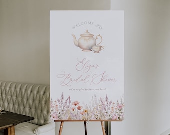 Pink Tea Party Welcome Editable Sign, Wildflower High Tea Bridal Shower Welcome Sign, Watercolor Pink Floral Welcome Sign, Printable, BD205