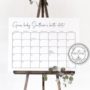 Minimalist Guess Baby Due Date Kalender-Spielzeichen, bearbeitbare Vorlage, Modern Guess Baby's Geburtstag, Sofort-Download, Dusche Fälligkeitsdatum, BD53