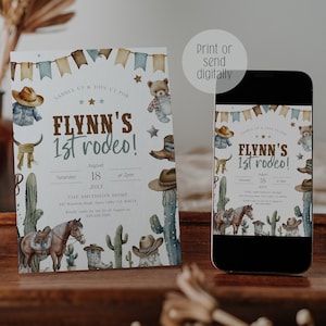 First Rodeo 1st Birthday Invitation Template – Editable Country Western Boy Party Invite, Printable Download, 1st Birthday Evite, BD185
