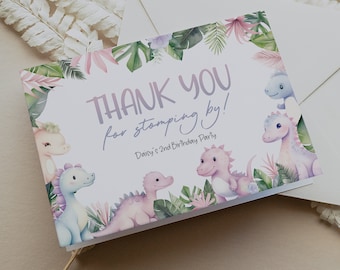 Pastel Dinosaur Printable Thank You Card, Girl Dinosaur Birthday Party Thank You Editable Card, Pink & Purple Dinosaur Bday, Dino Bday BD214
