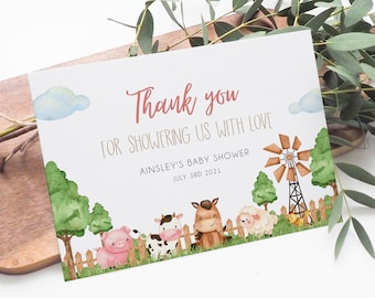 Bauernhof Danke Karte, Tiere vom Bauernhof Babyparty, Barnyard Babyparty Danke, Sofort Download, Printable Karte, Danke Gefälligkeiten, BD121