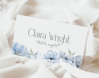 Plantilla para tarjetas de lugar de boda en azul polvoriento, tarjetas de nombre de boda bohemia, flores azules de acuarela, tarjetas de nombre minimalistas, imprimibles, BD153