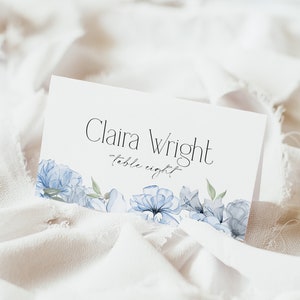 Modèle de cartes de visite de mariage bleu poussiéreux, cartes de visite de mariage bohème, fleurs aquarelles bleues, cartes de visite minimalistes, imprimables, BD153
