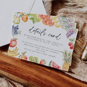 Tarjeta de detalles editable de frutas, inserto para fiesta con temática de frutas, invitación de frutas en acuarela, tarjeta de detalles imprimible, cumpleaños frutal, BD209