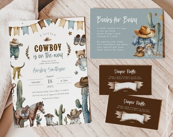 Little Cowboy Baby Shower Invitation Bundle, Western Baby Shower Invitation Set, Boy Baby Shower, Rodeo Baby Shower, Printable Invite, BD185