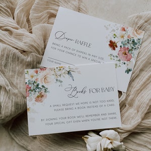 Inserts de cartes pour baby shower fleurs sauvages, Livres de fleurs de jardin pour bébé et couches Inserts de cartes de tombola, Ensemble d'invitations florales pour baby shower, BD162