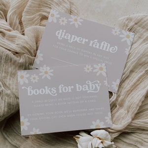 Daisy Bücher für Baby & Windel Raffle Karte Einsätze, Boho Daisy Baby Shower Karte Einsätze, druckbare Babyparty einladen, Windel Raffle BD173