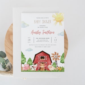 Bauernhof-Babypartyeinladung, Bauernhoftiere bearbeitbare Einladung, Sofortiger Download, Barnyard-Babyparty, geschlechtsneutral druckbare Einladung BD121
