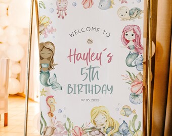 Mermaid Birthday Welcome Sign Template, Pink Girls Mermaid Party Welcome Signage, Printable Sign, Ocean Birthday Sign, Mermaid Theme, BD180