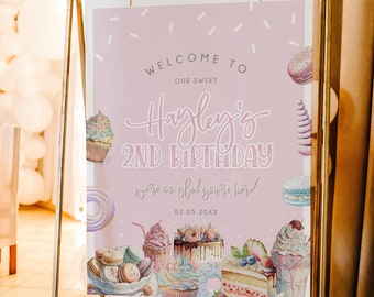 Letrero de bienvenida para dos cumpleaños dulces, Letrero de bienvenida editable para un cumpleaños dulce, Letrero de cumpleaños con dona, Letrero imprimible, BD188