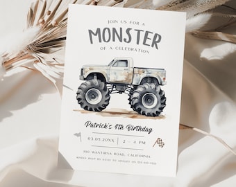 Editable Monster Truck Birthday Invitation, Monster Truck Invite, Grey Monster Truck Party Invite, Boys Birthday Party Invite, Evite, BD199