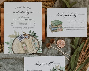 Storybook Baby Shower Invitation Suite Template, A New Chapter Book Themed Baby Shower, Gender Neutral Shower, Printable Invite Set, BD155