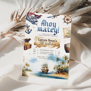 Pirate Birthday Party Editable Invitation, Adventure Pirate Invitation, Ahoy Matey Invites, Pirate Party Printable Invitation Nautical BD194