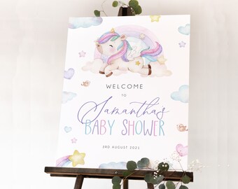 May include: Welcome to Samantha's Baby Shower sign with a unicorn, rainbow, and stars on a white background. The date is 3rd August 2021.
