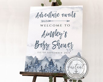 Baby Shower Welcome Sign Editable Template, Adventure Awaits, Gender Neutral, Destination, Watercolor Mountain Ranges, Printable, BD31