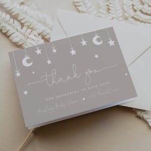 Maan en sterren bedankkaartsjabloon, Twinkle Twinkle Little Star babyshower bedankkaart, afdrukbaar bedankje, genderneutraal baby BD166