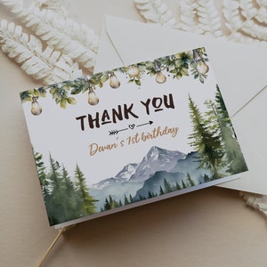 Plantilla de tarjeta de agradecimiento de montaña, tarjeta de agradecimiento de cumpleaños con temática de campamento, tarjeta imprimible rústica de agradecimiento de montaña, cumpleaños de montaña, BD196