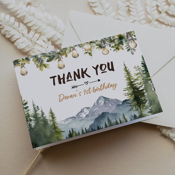 Mountain Thank You Card Template, Camp Themed Birthday Thank You Card, Rustic Mountain Thank You Printable Card, Mountains Birthday, BD196