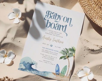 Modelo de convite para bebê a bordo, convite editável para chá de bebê Surf Beach, chá de bebê de verão, convite para impressão, convite para chá de bebê, BD160