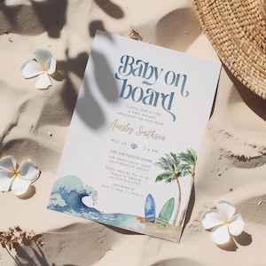 Baby on Board Invitation Template, Surf Beach Baby Shower Editable Invitation, Summer Baby Shower, Printable Invitation, Shower Evite, BD160