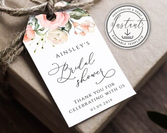 Blush Pink Bridal Shower Thank You Gift Tag, Bohemian Printable Favor Tags, Floral, Eucalyptus Greenery, Kitchen Tea, Instant Download, BD54