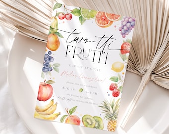 May include: A colorful invitation card with a fruit theme. The card features a watercolor illustration of various fruits, including strawberries, blueberries, lemons, and kiwi. The text on the card reads "two-thi FRUTTI OUR LITTLE CUTIE Malins turning two! please join us to celebrate AUG 18 2-4 PM 100 Wanneroo Rd, California RSVP by 05/04 to 555-456-7890".